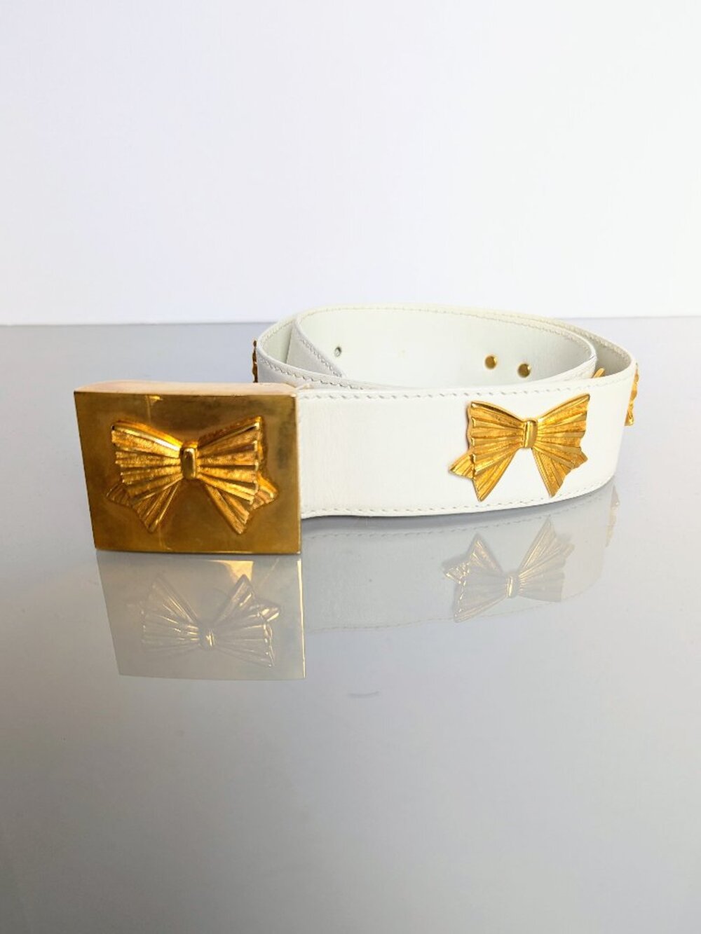 Escada Vintage White Leather Belt Gold Tone Bow Studs Bow Belt Buckle
